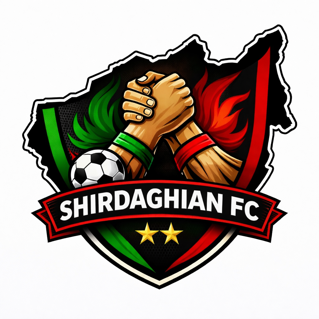 Shirdaghian FC team logo — two clasped hands over a futsal ball